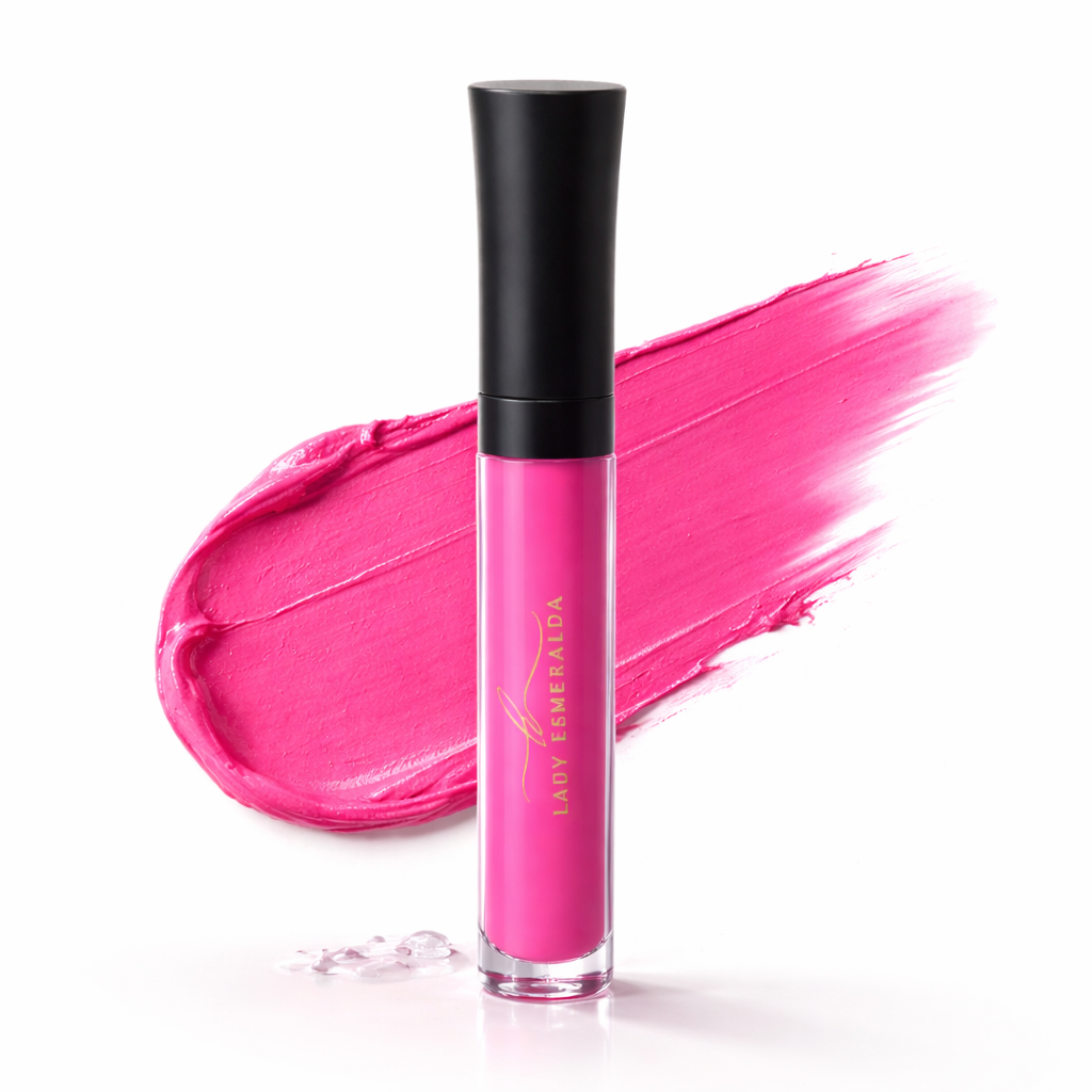 Pink lipstick matte with black cap on a white background