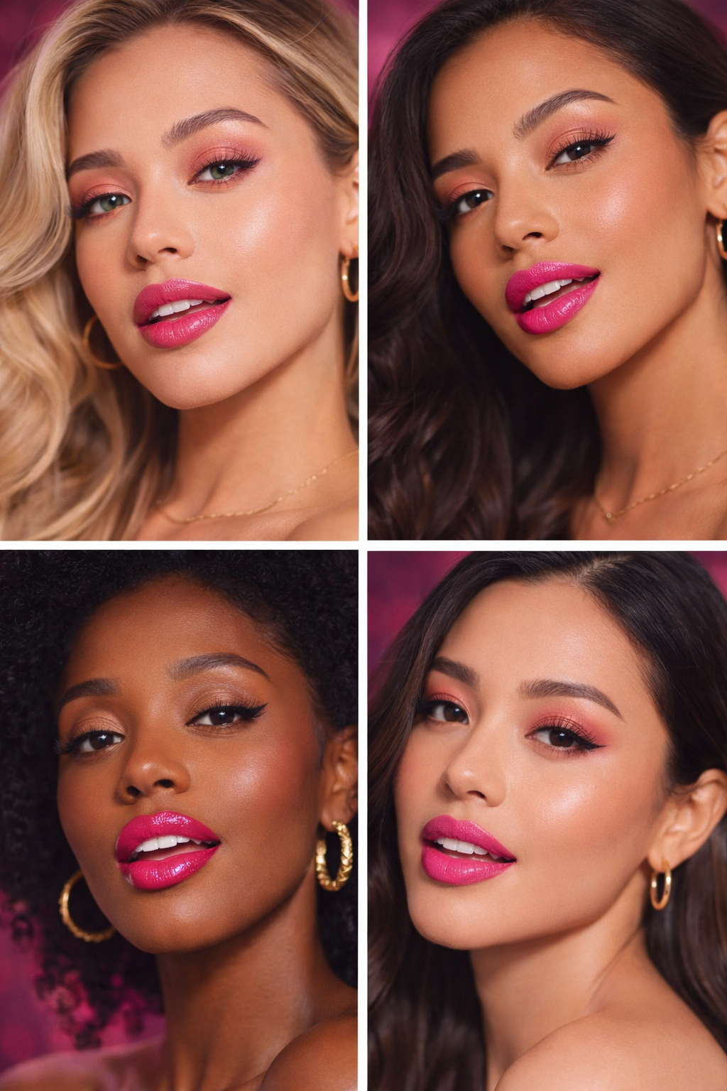 Four women with pink makeup and earrings on a pink background