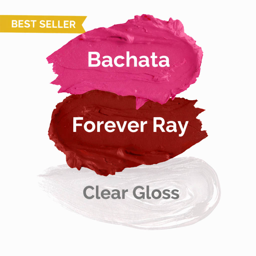 Three color swatches labeled 'Bachata', 'Forever Ray', and 'Clear Gloss' with 'Best Seller' label.