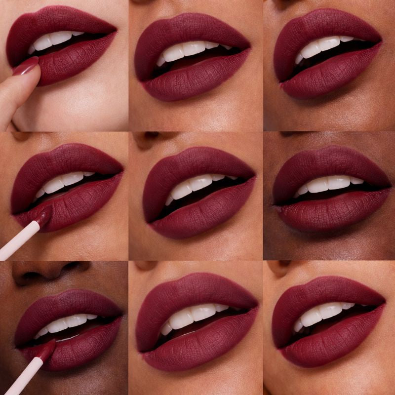 Collage of a person applying a deep red lipstick on different skin tones.