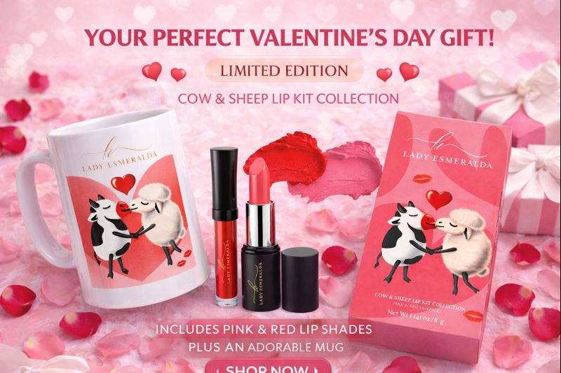 Valentine's Day gift set with lip kit, mug, and lip gloss on a pink background