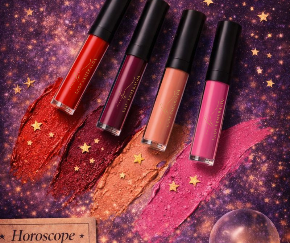 Four lip glosses with star designs and 'Horoscope' text on a cosmic background