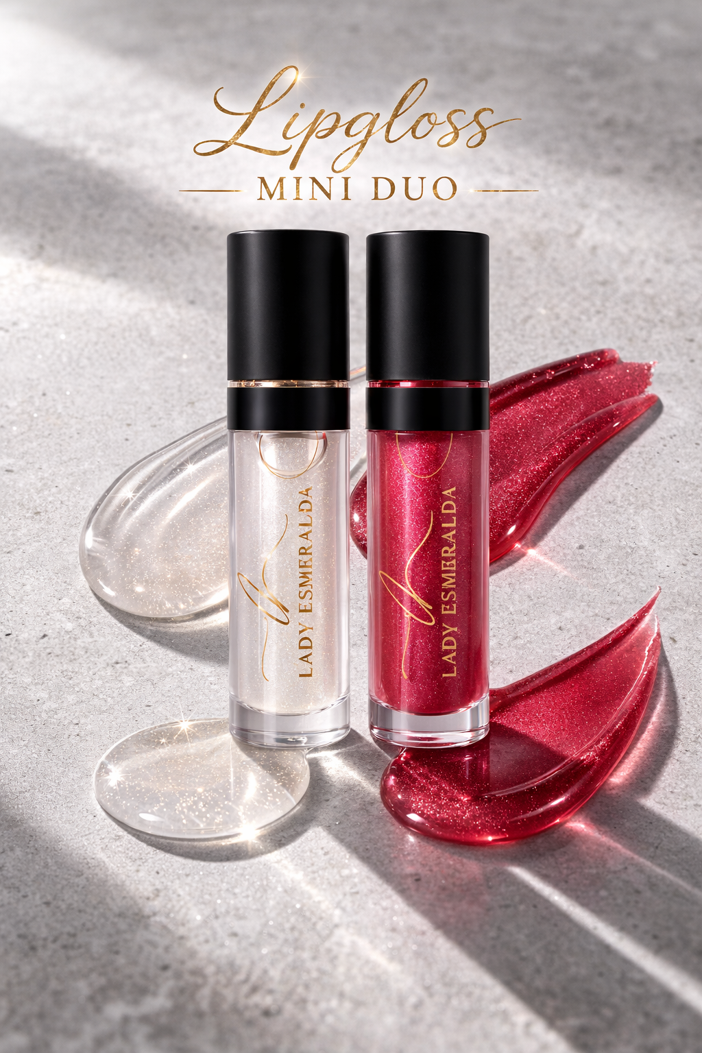 Two lip glosses from Lady Esmeralda on a textured surface with 'Lipgloss Mini Duo' text.