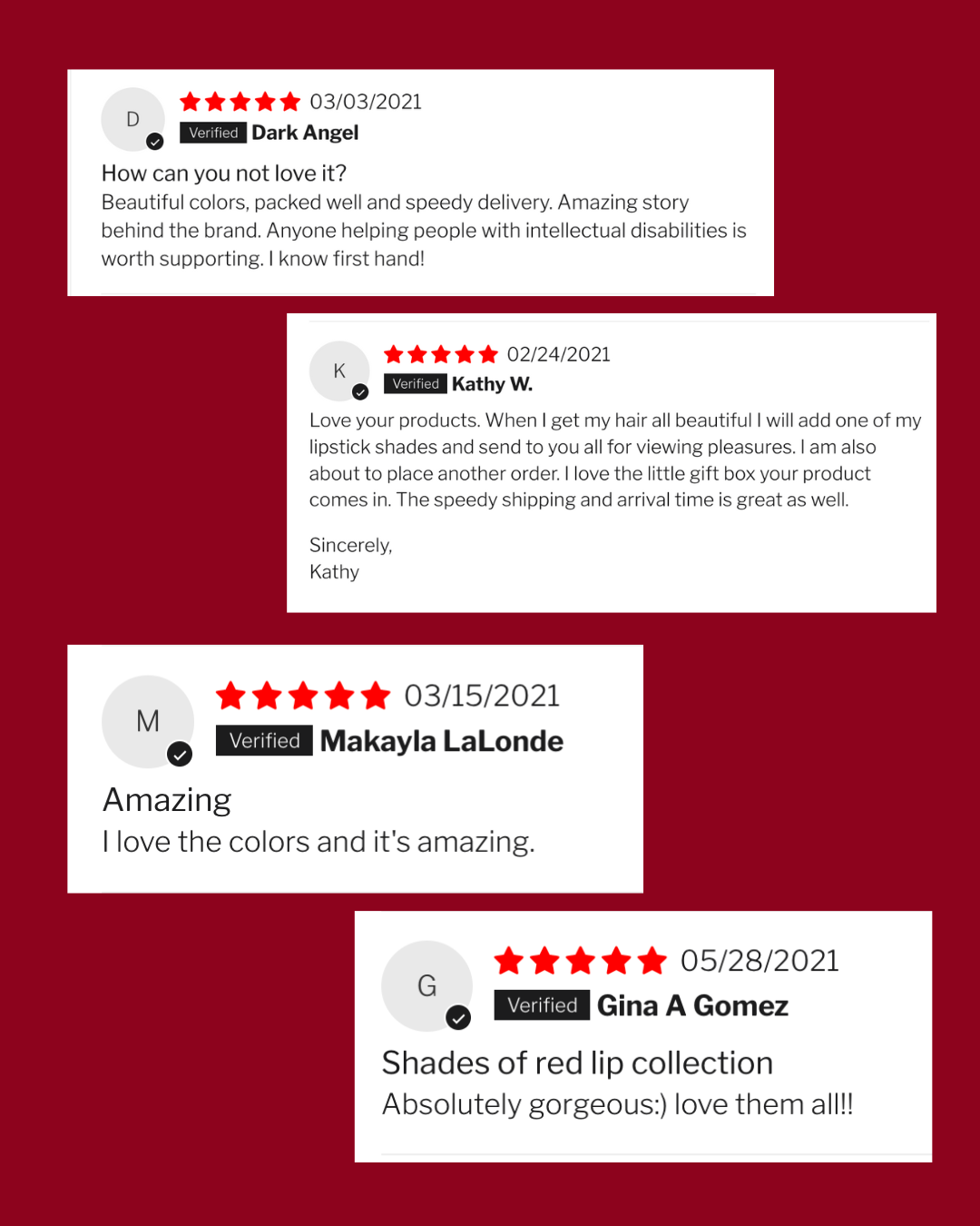 Five-star reviews from customers on a red background