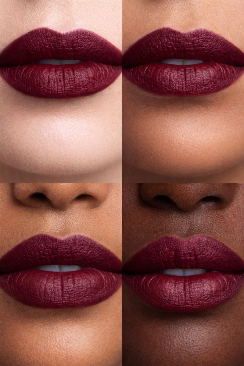 Close-up of four different shades of red lipstick on lips with varying skin tones.