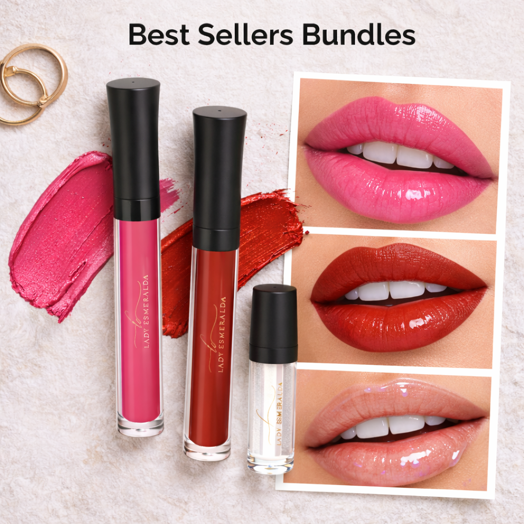 Three lip glosses with swatches and images of lips wearing the products on a textured background.