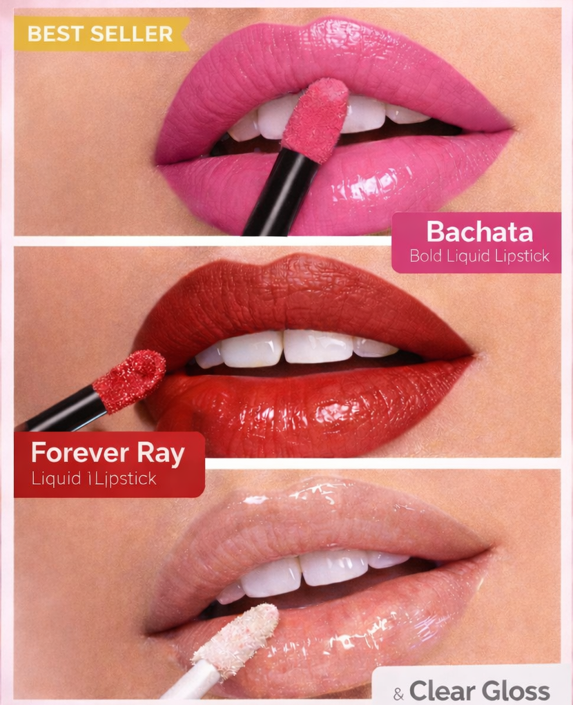 Three different liquid lipsticks being applied to lips with close-up views.