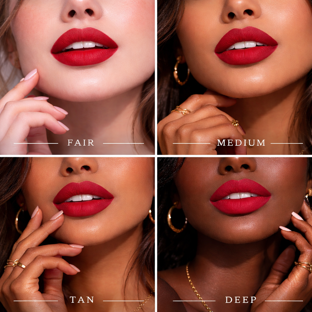 Four close-up shots of a woman's lips with different skin tones and 'FAIR', 'MEDIUM', 'TAN', 'DEEP' labels.