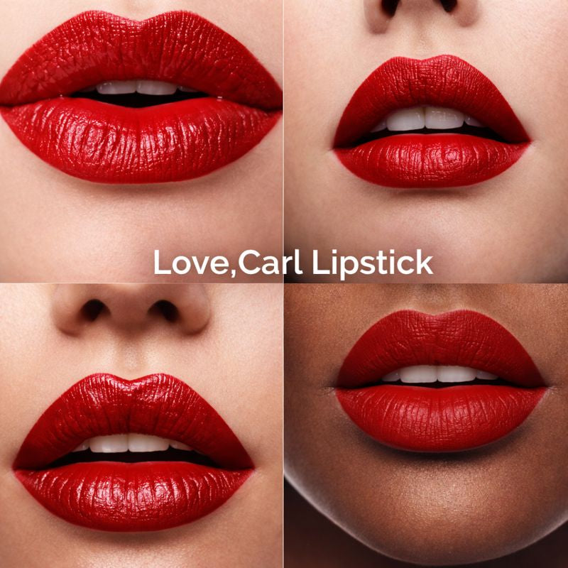 Close-up of red lipstick application on lips with 'Love, Carl Lipstick' text.