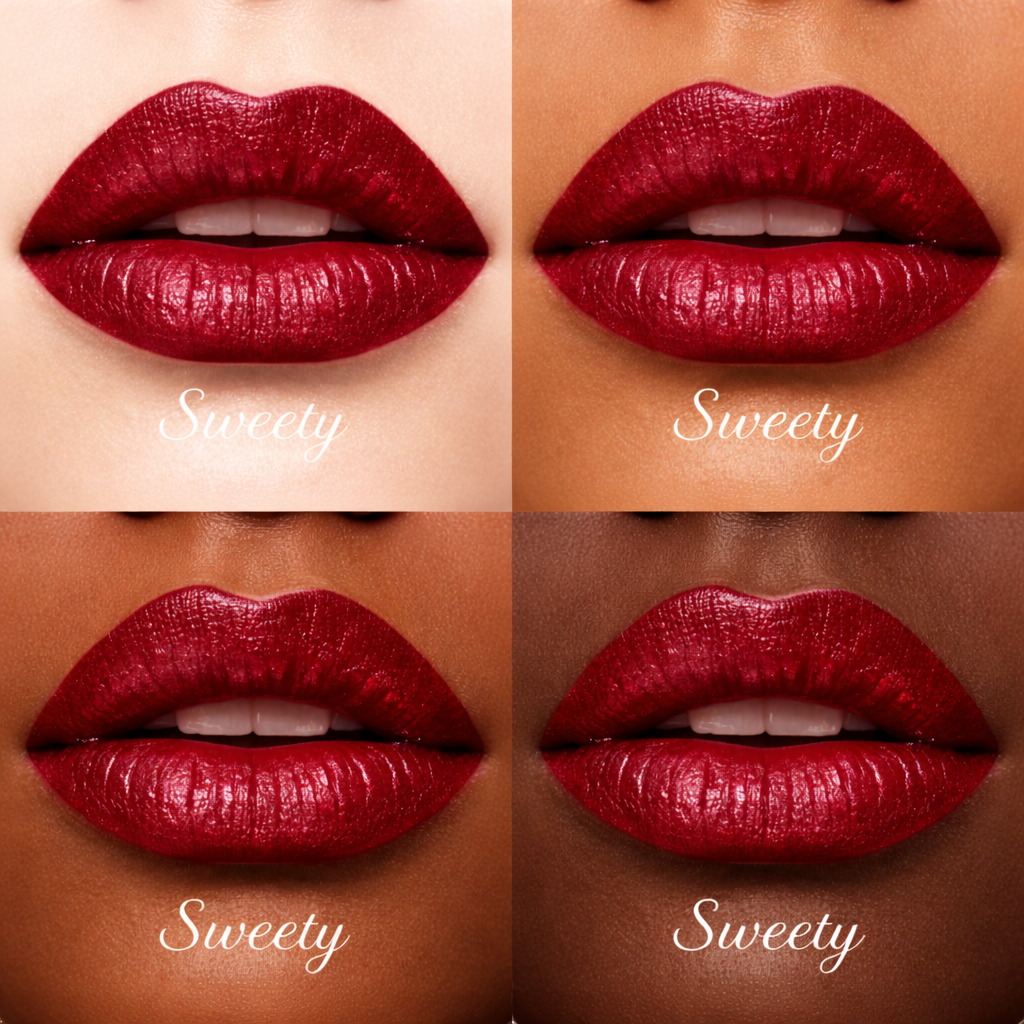 Four different shades of red lipstick on a person's lips with 'Sweety' text.