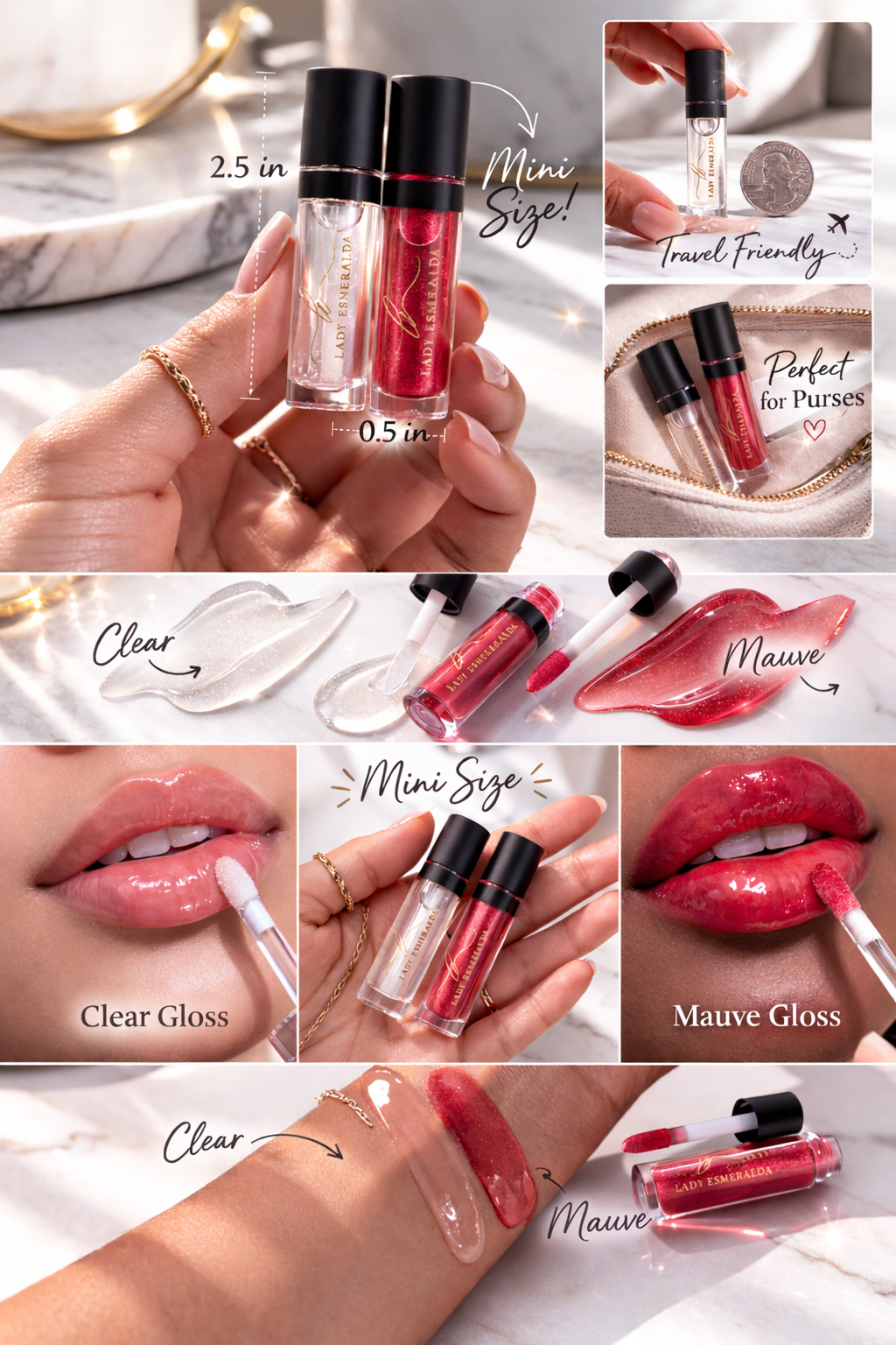 clear and muave lifestyle images of mini lipglosses
